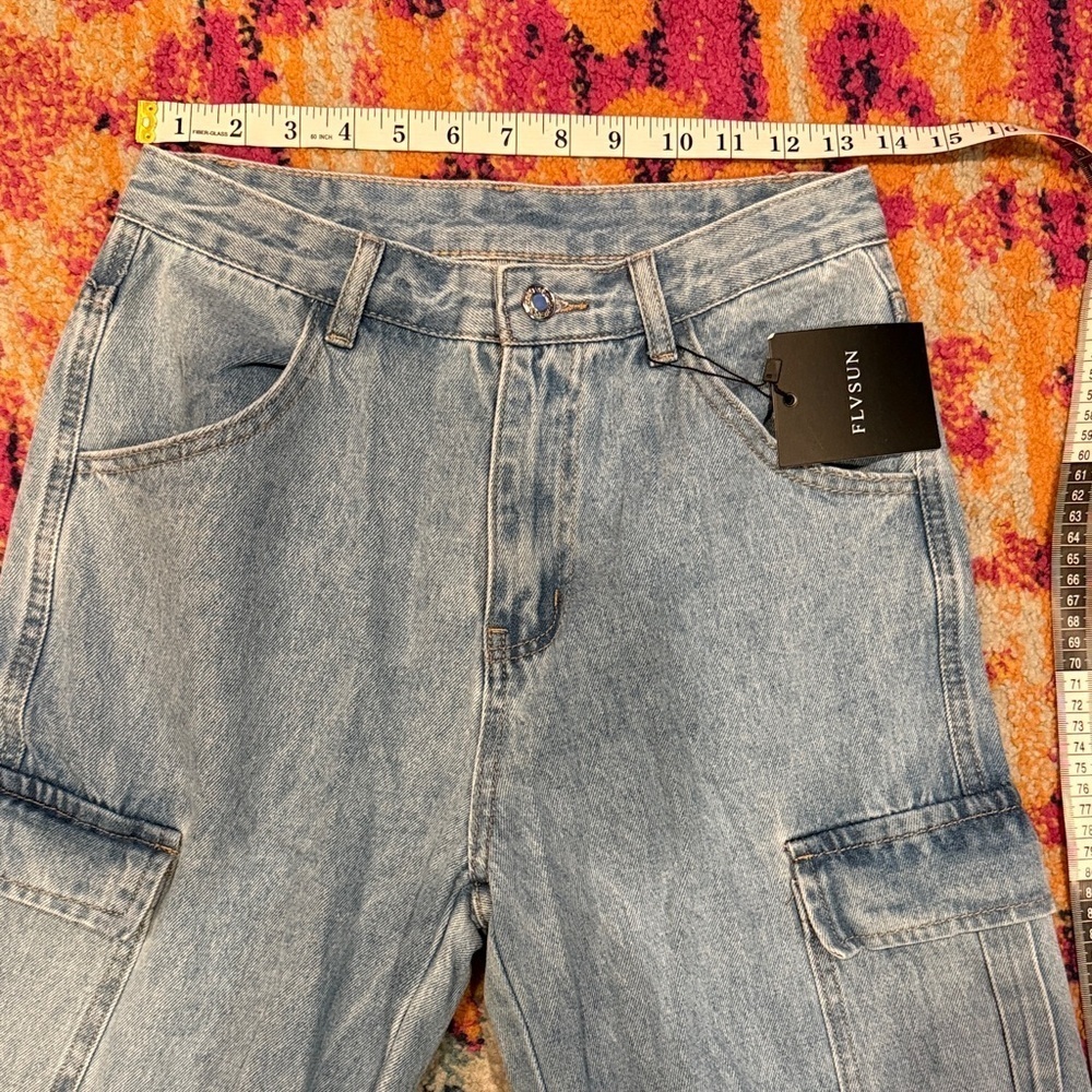 Women's High Rise Light Blue Cargo Jeans - Picture 2 of 6